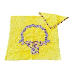 Vintage Cannon Yellow Crochet Basket Towel Set Lavender Ribbon USA Made
